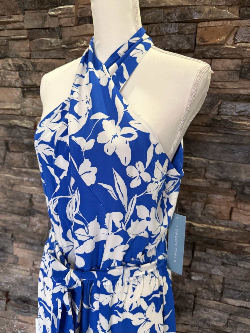 London Times Blue and White Floral Halter Maxi - Picture 3 of 16
